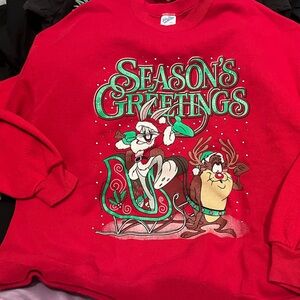 Red Holiday Sweatshirt with Cartoon Print
